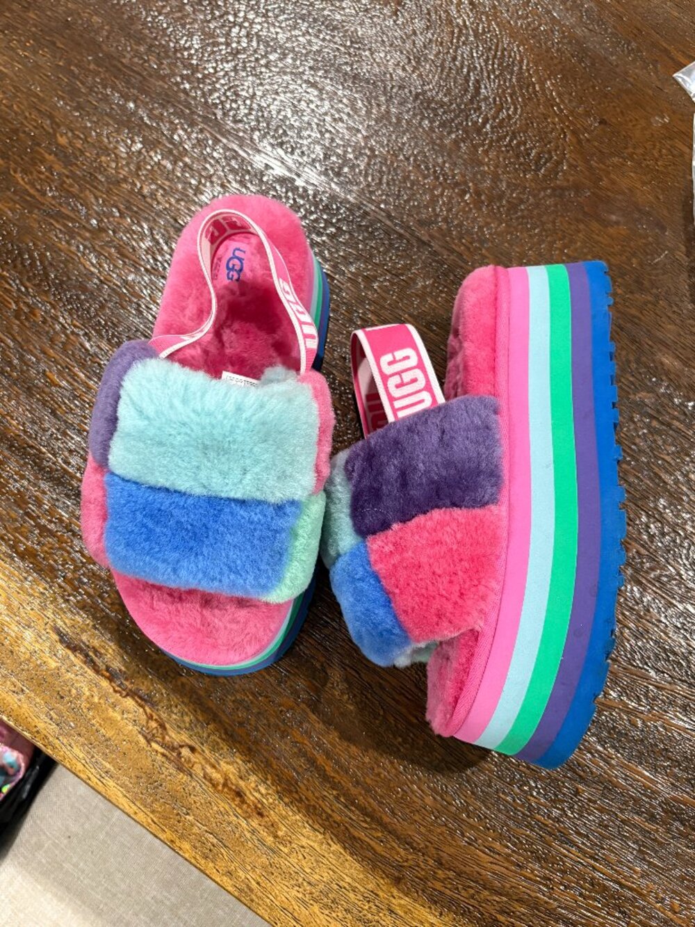 UGG Disco Checker Pride Rainbow Pastel Slide Furry Platform  sz US 6 - Picture 2 of 4